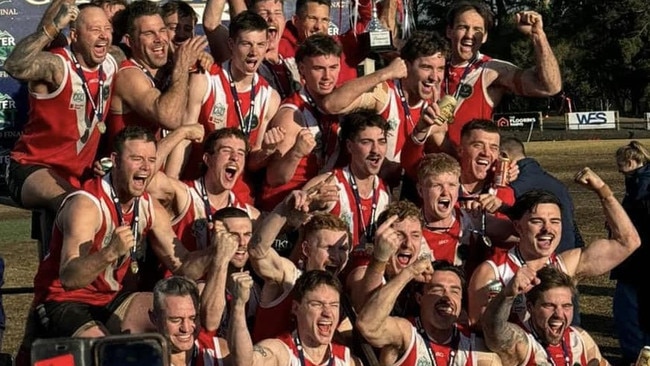 Healesville players roar with joy after taking possession of the premiership cup and flag. Picture: Supplied