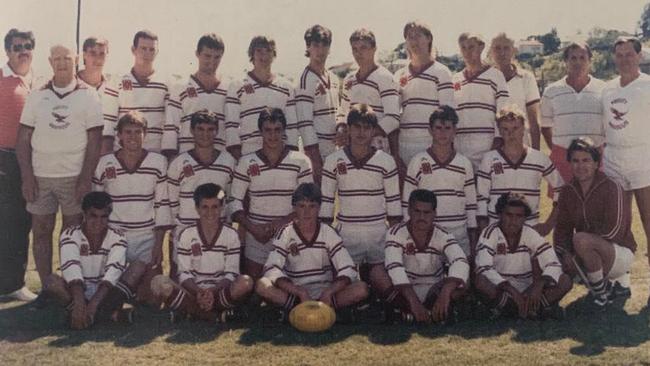 Rainbows RLFC Under 17 1987 Gympie Sunshine Coast Premiers, Recreation Cup, Charity Cup (Score 456 against 98). (Back, from left) Errol Ward, Bill Gosling (Strapper), Mark Simpson, Tony Vetter, Mal Davie, Wayne Cooley, Jason Taylor, B. Basford, Paulas Andreassen, B. Mitchell, Jim Davison (Manager), Brian Hooper (Coach) and Rod McCook (Runner), (middle row, from left) Dion Boreham, Michael Anderson, Tom Hooper (Captain), Stephen Holzapfel, Tony Dare, Michael Senini and (front, from left) Ray Frampton, Grant Lister, G. Anderson, Scott Frampton, Kevin Frampton and Brian King (Assistant Manager).