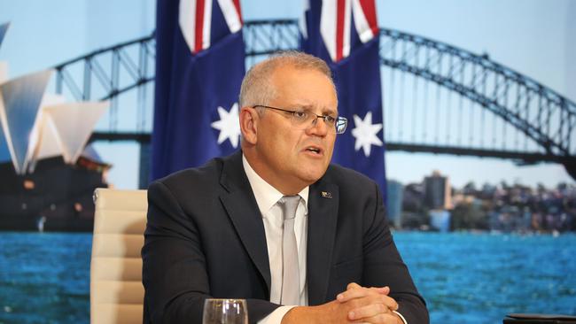 Scott Morrison addresses the Joe Biden climate summit from the Sydney Commonwealth Parliament Offices. Picture: NCA NewsWire / Christian Gilles