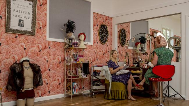 Gold Coast Bulletin journalist Emily Halloran at The Lindy Charm School For Girls being taught by Chrissy Keepence. Picture: Jerad Williams