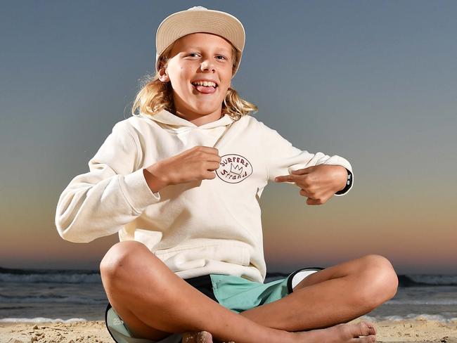 Taj Hughes an 11 year old has started up his own clothing brand, Surfers Strand. Picture: Patrick Woods.