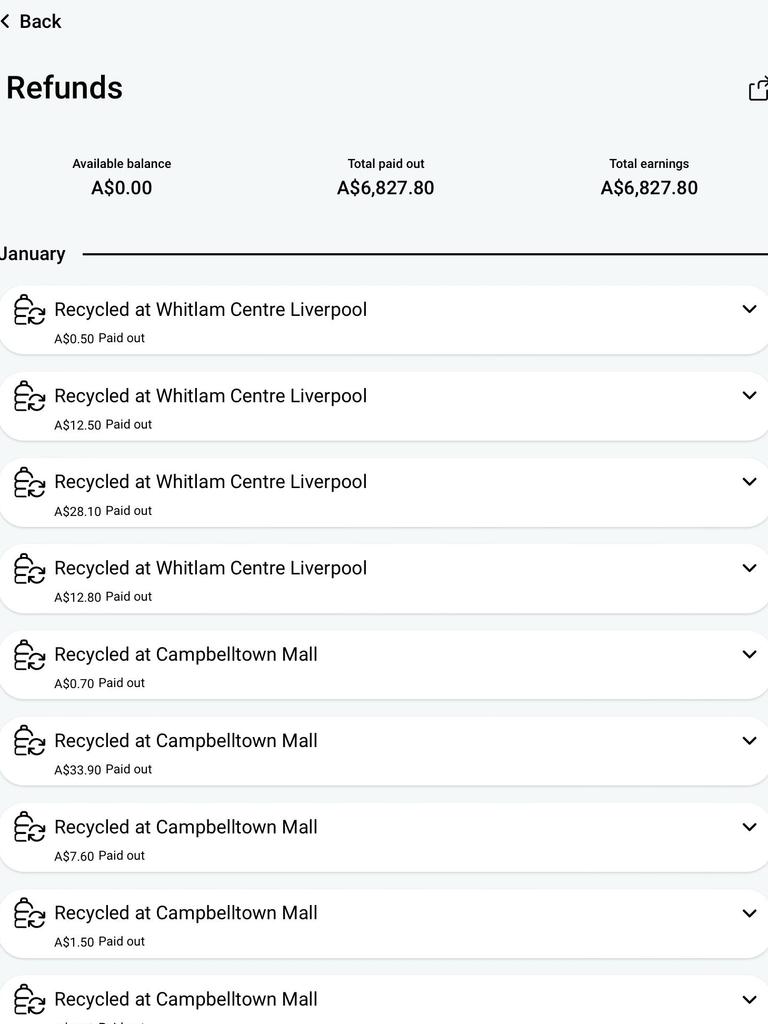 The user provided a screenshot of her transactions from recycling. Picture: Reddit