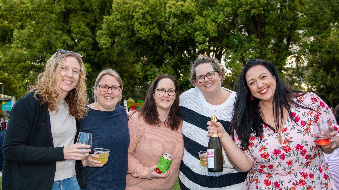 Ready for a great night, from left; Daile Smith, Allison Pontaks, Rebecca Cavendish, Jema Chambers and Selina Tattis. Festival of Food and Wine, Queens Park, Toowoomba Carnival of Flowers. Friday September 9, 2022 Picture: Bev Lacey