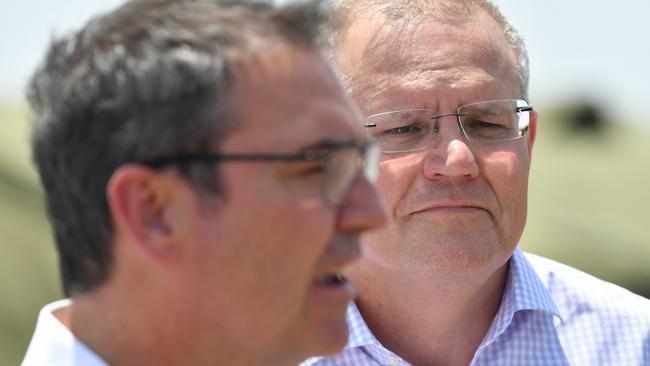 Prime Minister Scott Morrison is seen with South Australian Premier Steven Marshall during the recent fires on Kangaroo Island. Picture: David Mariuz / AAP.