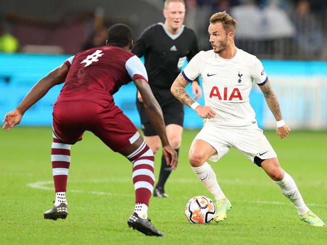 Tottenham signing James Maddison (R) looks for passing options during the pre-season friendly against West Ham at Perth’s Optus Stadium. Picture: James Worsfold/Getty Images