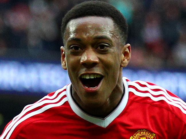 LONDON, ENGLAND - APRIL 23: Anthony Martial of Manchester United celebrates scoring his sides second goal during The Emirates FA Cup semi final match between Everton and Manchester United at Wembley Stadium on April 23, 2016 in London, England. (Photo by Paul Gilham/Getty Images)