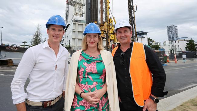 Buildcap Director Stuart Biggs and Gold Coast Councillor Brooke Patterson and Sunbuilt Managing Director Damien Todd look over the site of Tower Two at Marine Quarter in Southport. Picture Glenn Hampson