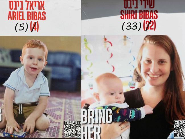 (COMBO) This combination of pictures created on February 20, 2025 shows posters bearing the portraits of Israeli hostages Shiri Bibas (C) and her two children Ariel (L) and Kfir (R), held in the Gaza Strip since the October 7, 2023 attack by Hamas militants, set up on a square outside the Tel Aviv Museum of Art, on January 21, 2025. Hamas is due to hand over the bodies of four hostages on February 20, including those of the Bibas family, who have become symbols of the hostage crisis that has gripped Israel since the Gaza war broke out. The transfer of the bodies is the first such handover of remains by Hamas since its October 7, 2023 attack on Israel triggered the war. (Photo by AFP)