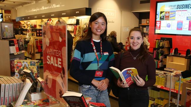 Dymocks employee Stephanie Thelin with customer Nicole Ellery in Sydney. Picture: Britta Campion / The Australian