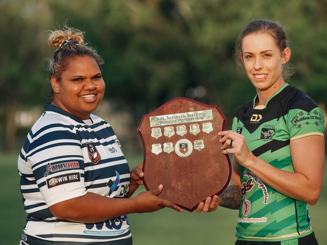 2020 NRL NT Women's Grand Final grand final participants Bianca Scymgeour from Sistaz and Palmerston's Simone Garner.Picture GLENN CAMPBELL