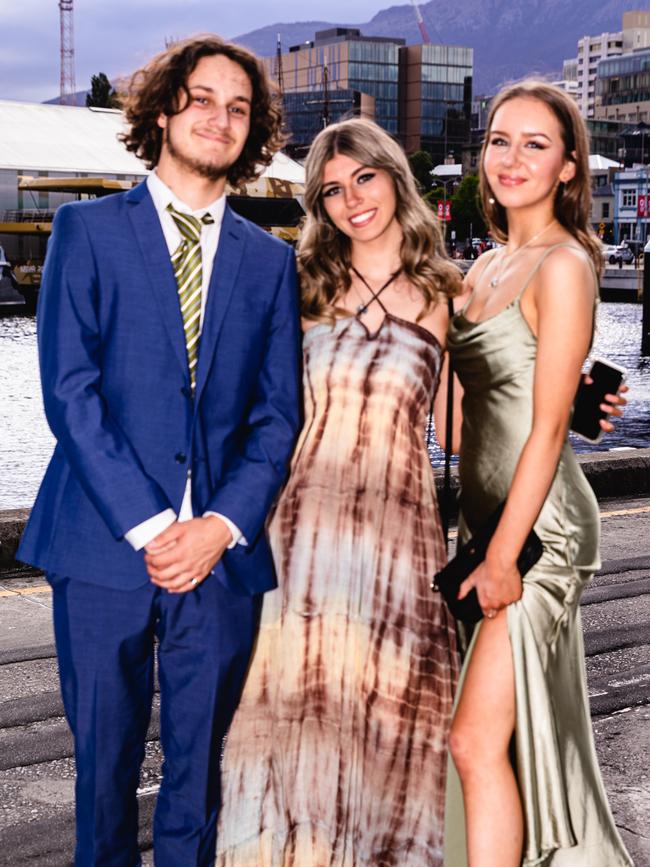 Hobart College leavers dinner 2022 Byron Eberhard, Tehya Casti, and Lucy Munt. Picture: Linda Higginson