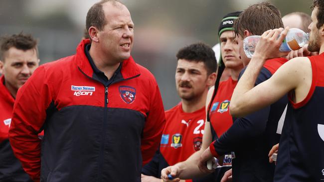 Round 6 TSL match between Glenorchy v North Hobart from KGV. North Hobart coach Richard Robinson addresses his team at quarter time. Picture: Zak Simmonds