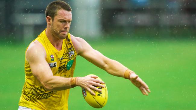 Trent Melville playing for the Nightcliff Tigers in the NTFL. Picture: Glenn Campbell