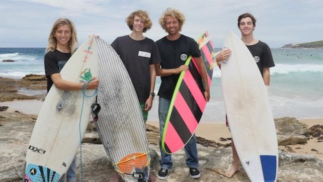 Jacob Hadges, Ethan Ford, Jordan Gilbert and Gully Thomas will all take part in the 2017 100 Waves Challenge at Maroubra Beach on March 6, raising money for SOAR South East Asia. Picture: Kristin Gilbert. Source: supplied.