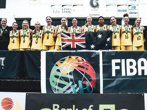 The Australian U15s celebrates gold at the FIBA Oceania U15s Championships. Picture: FIBA