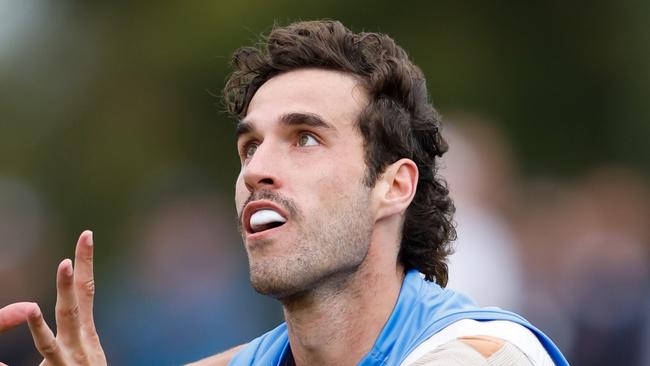 MELBOURNE, AUSTRALIA - FEBRUARY 23: Max King of the Saints marks the ball during the AFL 2024 Match Simulation between the St Kilda Saints and Essendon Bombers at RSEA Park on February 23, 2024 in Melbourne, Australia. (Photo by Dylan Burns/AFL Photos via Getty Images)