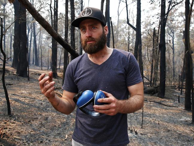 10/11/2019. Emotional local resident of Thrumpster Daniel Provost at his property outside of Port Macquarie which saw his 30 horses moved by friends and family to safety before wild bushfires struck on Friday night.His house was saved by firefighters but he was waiting for potentially another round with high winds expected Tuesday to continue ravaging  parts of the midcoast of NSW. Jane Dempster/The Australian.