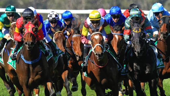 Loving home ridden by Tye Angland  (yellow cap, maroon with yellow armbands) wins race 1 during Scone  Races located in the Upper Hunter Region of NSW. The Bend . Pic Jenny Evans