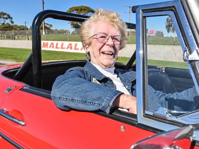 AUGUST 11, 2024: 99-year-old motorsport veteran Joy Pearson with her MGB at Mallala Motorsport Park. Picture: Brenton Edwards