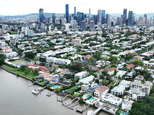 Aerial view large riverfront houses in the inner city Brisbane suburb of New Farm. The suburb has some of the Queensland capital city's most expensive real estate. Picture: Brendan Radke