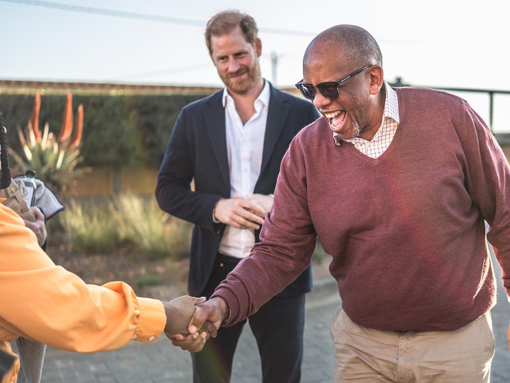 Harry and Prince Seeiso of Lesotho arrive at a welcome event at Sentebale’s Mamohato Children’s Centre. Picture: Getty Images for Sentebale