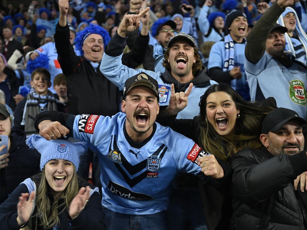 Blues fans celebrating the win. Picture: NRL Photos