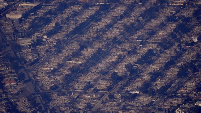 The devastation from the Palisades Fire is seen from the air. Picture: AP