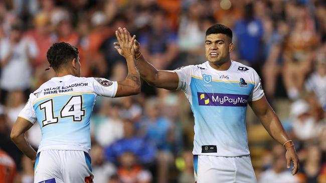 SYDNEY, AUSTRALIA – MARCH 05: Jayden Campbell of the Titans and David Fifita of the Titans react during the round one NRL match between the Wests Tigers and the Gold Coast Titans at Leichhardt Oval on March 05, 2023 in Sydney, Australia. (Photo by Cameron Spencer/Getty Images)