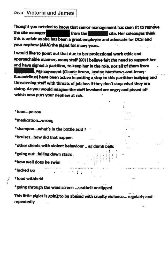 A letter sent to the family of Mitchell (a pseudonym), an SA man living with an intellectual disability after they raised concerns about his care. The case was raised at the SA sitting of the disability Royal Commission. Picture: Supplied