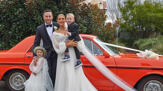 Model Sophie Van Den Akker with Heath Decker and their children Layla and Leo at their Yarra Valley wedding.