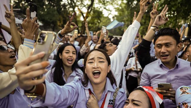 Supporters gather outside the home of presidential candidate Prabowo Subianto after polls close. Picture: AFP