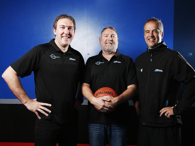 New Hobart Chargers women's coach Mark Nash, Hobart Chargers president Brett McKay and and men's coach Anthony Stewart. Picture: Zak Simmonds