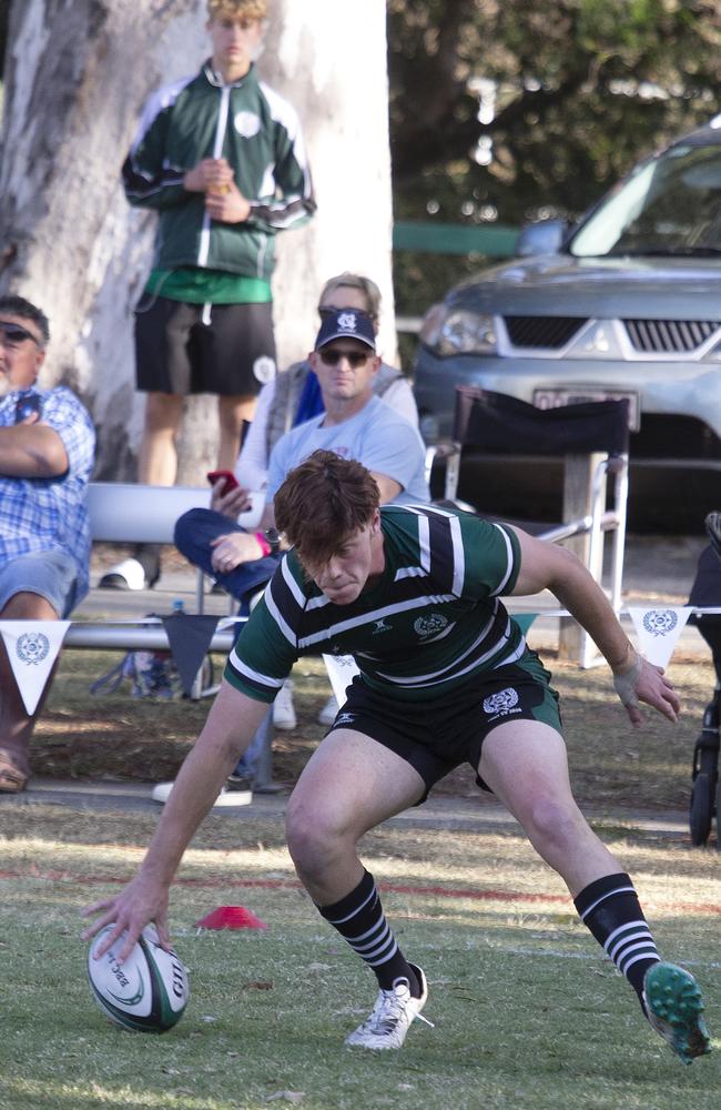 Jarrod Homan scores a try for BBC in the 2020 GPS First XV season, the year the school won the GPS premiership. Image: Sarah Marshall.