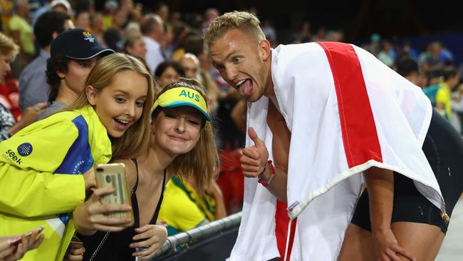 Kyle Langford of England celebrates as he wins silver with fans the Men's 800 metres final during athletics on day eight of the Gold Coast 2018 Commonwealth Games at Carrara Stadium on April 12, 2018 on the Gold Coast, Australia. (Photo by Michael Steele/Getty Images)