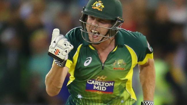MELBOURNE, AUSTRALIA - JANUARY 18: James Faulkner of Australia celebrates as he hits the winning runs during the One Day International match between Australia and India at the Melbourne Cricket Ground on January 18, 2015 in Melbourne, Australia. (Photo by Scott Barbour/Getty Images)