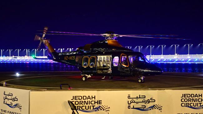 A helicopter waits to take Haas' German driver Mick Schumacher to hospital for further tests