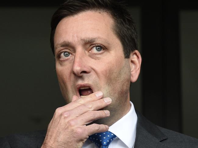 MELBOURNE, AUSTRALIA - NewsWire Photos AUGUST 4, 2022: Victorian Opposition Leader Matthew Guy is grilled my reporters at Parliament House in Melbourne about his involvement in a Liberal Party donor scandal. Picture: NCA NewsWire / Andrew Henshaw