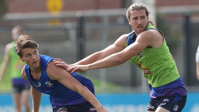 Patrick Lipinski and Marcus Bontempelli, right, at Western Bulldogs. Picture: David Crosling/AAP