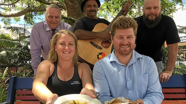 Launching Eat the Street 2018 are Lismore Business Panel chair Hayley Brown and Lismore City Council Tourism and Events Manager Mitch Lowe (front) with (rear l-r) Lismore Workers Club catering manager Dominic Dagostino, entertainer Bill Smith and Lismore Workers Club chef Murray Donkin. Picture: Jasmine Burke