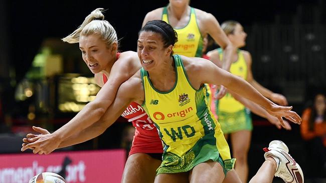 CAPE TOWN, SOUTH AFRICA - AUGUST 03: Helen Housby of England and Ash Brazill of Australia during the Netball World Cup 2023, Pool F match between Australia and England at Cape Town International Convention Centre Court 1 on August 03, 2023 in Cape Town, South Africa. (Photo by Ashley Vlotman/Gallo Images/Netball World Cup 2023 via Getty Images)