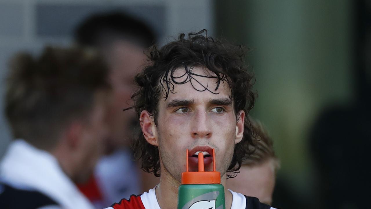 Max King takes a drink at a break during St Kilda’s ntra-club match at RSEA Park.