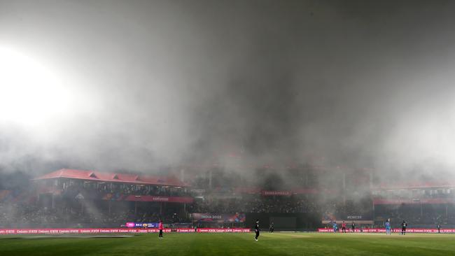 Play was paused between India and New Zealand due to poor visibility. Picture: Surjeet Yadav/Getty Images