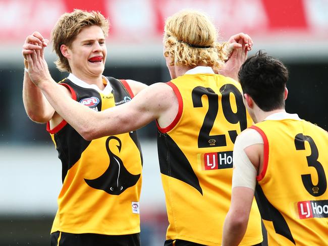 Cahill celebrates a goal for the Dandenong Stingrays last season. Picture: Michael Dodge