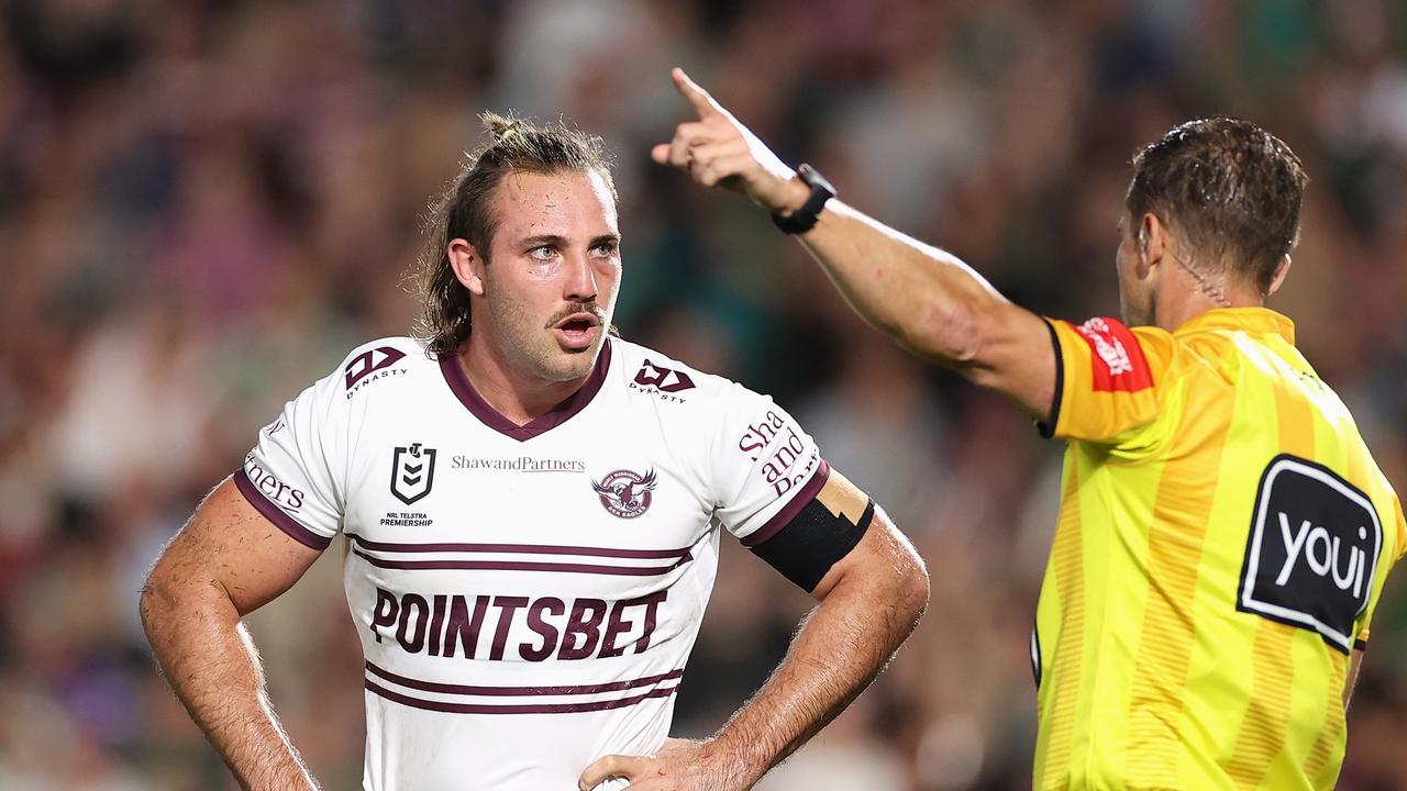 GOSFORD, AUSTRALIA - APRIL 29: Karl Lawton of the Sea Eagles is sent off after a dangerous tackle during the round eight NRL match between the South Sydney Rabbitohs and the Manly Sea Eagles at Central Coast Stadium, on April 29, 2022, in Gosford, Australia. (Photo by Cameron Spencer/Getty Images)