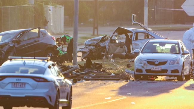 Police investigate the scene of a horror crash on Trower Rd at Lakeside Drv overnight. Picture Glenn Campbell