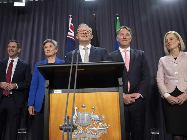 Prime Minister Anthony Albanese surrounded by his key ministers at his first press conference as PM. Pictured from left, Richard Marles, Penny Wong, Katy Gallagher and Jim Chalmers. Picture: NCA NewsWire / Andrew Taylor