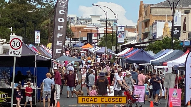 Redcliffe markets were busy on its first day back since COVID-19 closures.