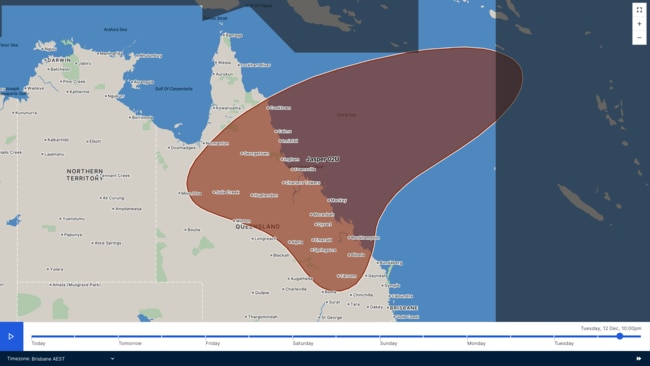 The BOM is predicting that Cyclone Jasper could land somewhere in the red area by Tuesday next week. Photo: BOM