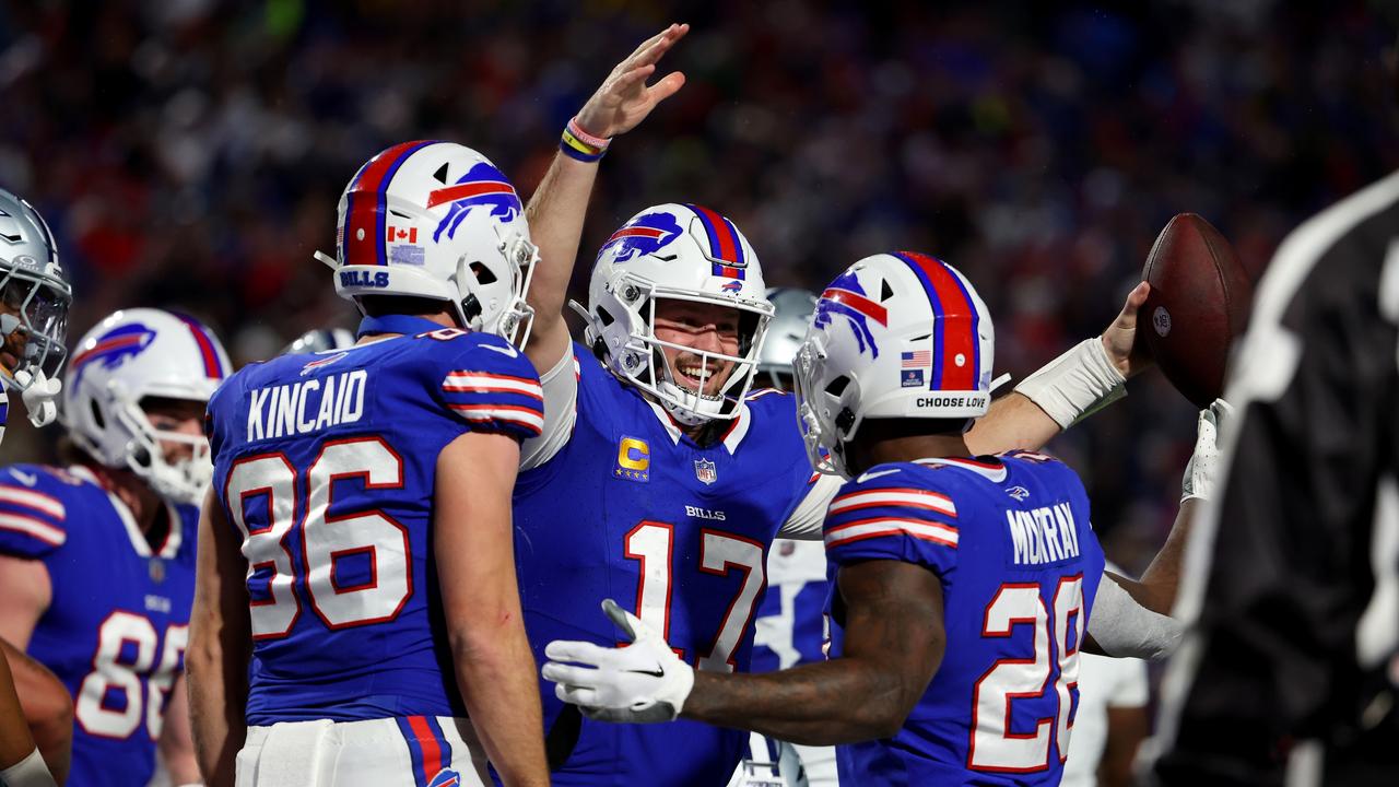 ORCHARD PARK, NEW YORK - DECEMBER 17: Josh Allen #17 of the Buffalo Bills celebrates after his rushing touchdown during the second quarter against the Dallas Cowboys at Highmark Stadium on December 17, 2023 in Orchard Park, New York. (Photo by Timothy T Ludwig/Getty Images)