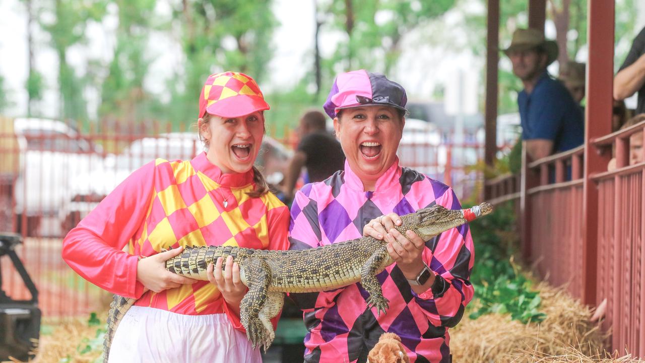 Leah Sloan (R) with her daughter Olivia as the Melbourne Cup was celebrated in true Territory style with Croc Racing at The Berry Springs Tavern Picture: Glenn Campbell